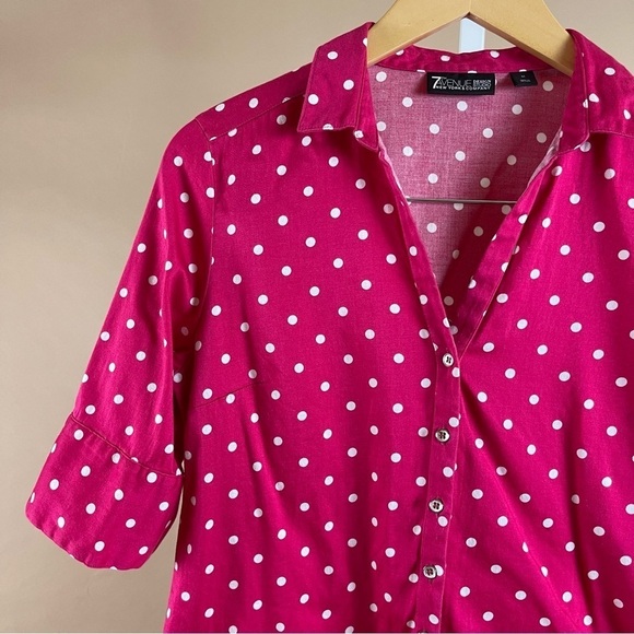 7th Avenue Retro Women's Medium Polka Dot Hot Pink Button Up 1/2 Sleeve Shirt - Picture 8 of 8